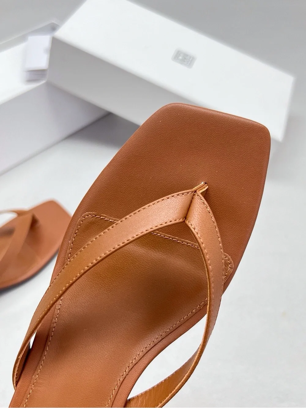 Women's Brown Leather Square-Toe Thong Sandals